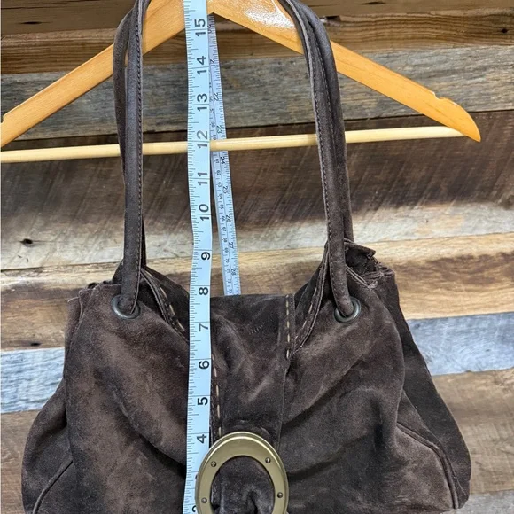 Suede Shoulder Bag with Brass Ring Accent - Brown - Picture 6 of 9
